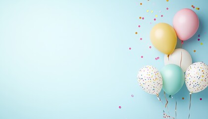 Colorful balloons with confetti on a light blue background, perfect for celebration themes