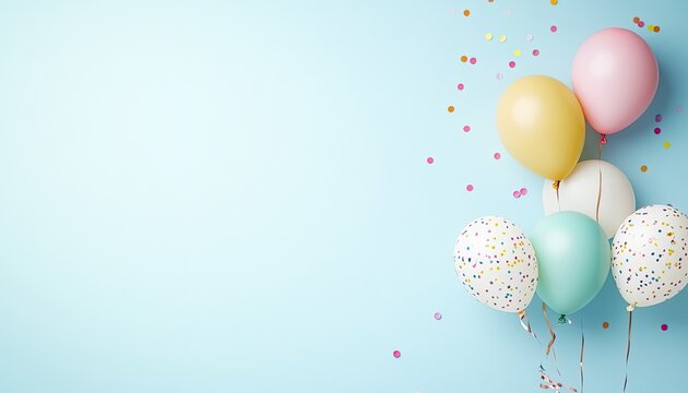 Colorful balloons with confetti on a light blue background, perfect for celebration themes - Powered by Adobe