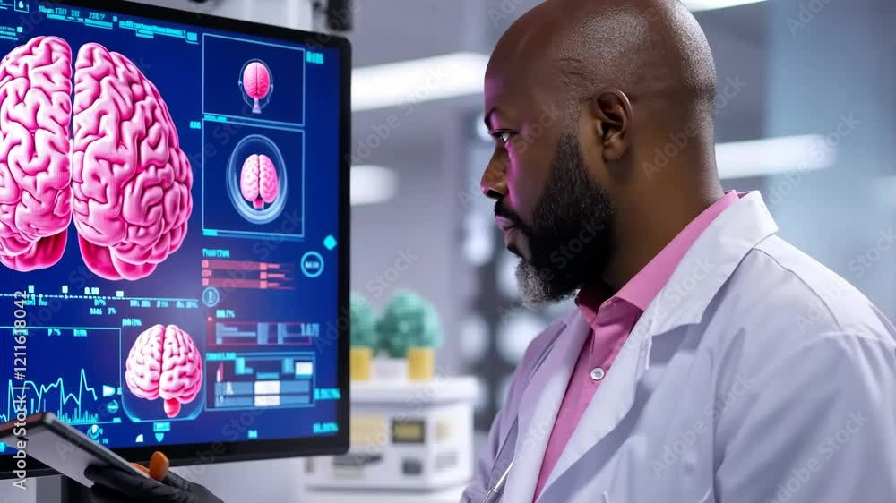 Aufkleber man in a white lab coat stands in front of a computer monitor displaying a brain. he is focused and 