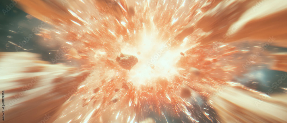 Poster Dynamic 3D abstract explosion with fragmented pieces and powerful energy at the center