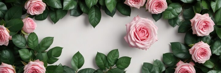 Naklejka premium A top view of a delicate pink rose and green leaves forming a border, decorative, fresh, rose