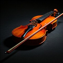 closeup of a violin on a black background with a bow