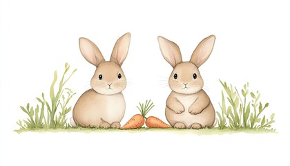 Obraz premium Two adorable rabbits sitting in a grassy field with carrots, showcasing a peaceful nature scene