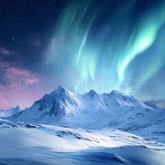 Celestial Symphony: An ethereal panorama of the Northern Lights dancing across the night sky above a majestic mountain range, bathed in a magical glow of pink and blue hues.