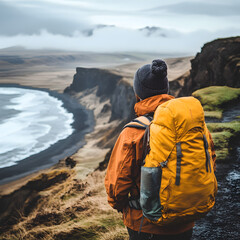 On the Edge of Adventure: A lone hiker, silhouetted against a dramatic Icelandic landscape, stands at the precipice of a rugged cliff overlooking a vast, misty ocean.