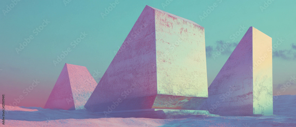 Poster Mysterious 3D pyramids and abstract shapes with ancient architectural elements