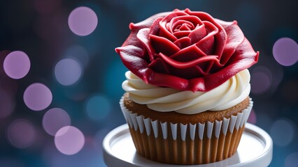Vanilla cupcake with red frosting shaped like a rose  for Valentine's Day on bokeh dark background.