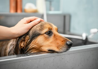 Dog enjoying a gentle bath with a caring hand on its head
