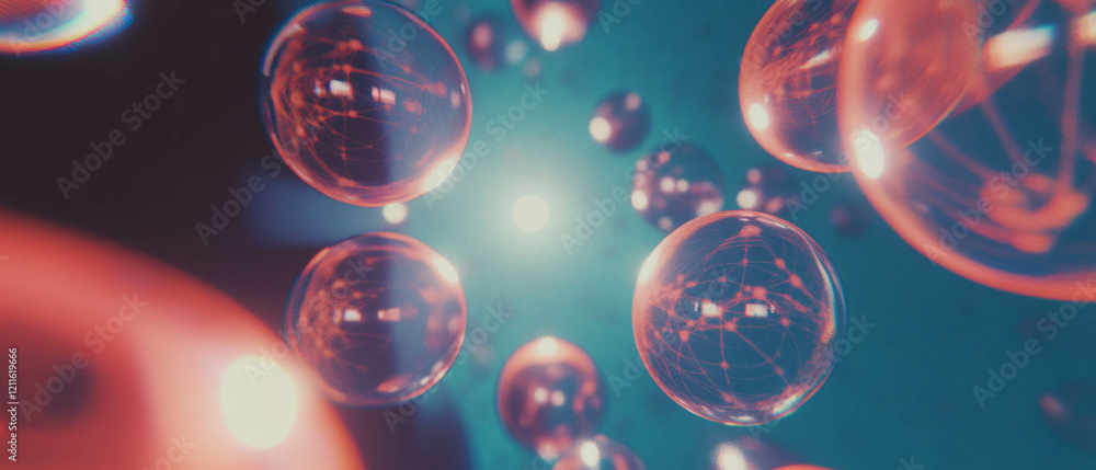 Poster exploration of interconnected spheres and networks in a vibrant abstract background
