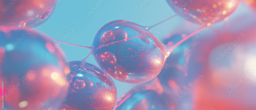 Poster Visualizing interconnected spheres in a vibrant abstract composition with empty central space
