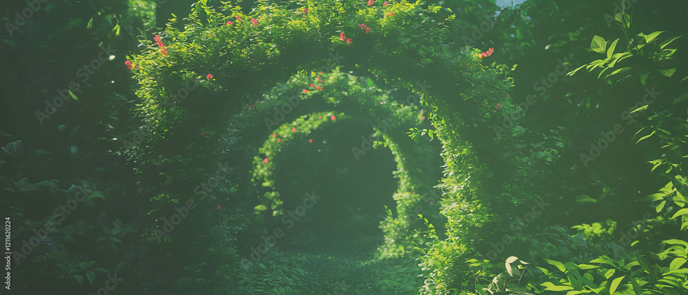Poster lush greenery envelops abstract arches creating a serene natural environment