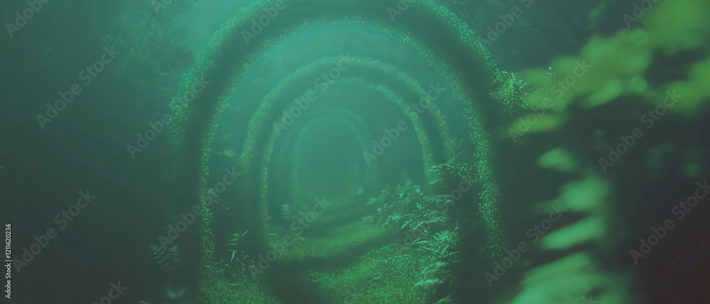 Poster mysterious 3d arches create a surreal pathway through enchanted forest depths