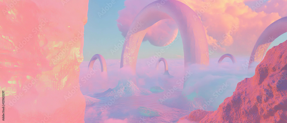 Poster surreal landscape with 3d arches and floating islands in dreamlike atmosphere