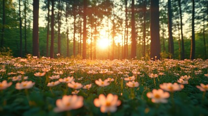 Obraz premium Sunset in a Flowery Forest: A Serene Landscape