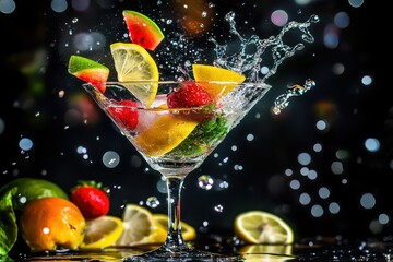 Margarita pouring into floating glass with lime and splashes on black background with reflection