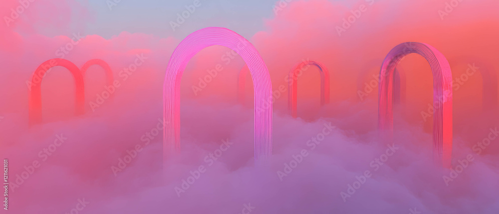 Poster abstract 3d arches surrounded by swirling fog create a mystical atmosphere