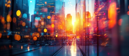 Fototapeta premium Cityscape sunset bokeh, urban glass reflection