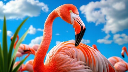 Obraz premium A vibrant flamingo stands gracefully against a bright blue sky, showcasing its striking pink feathers and elegant neck.