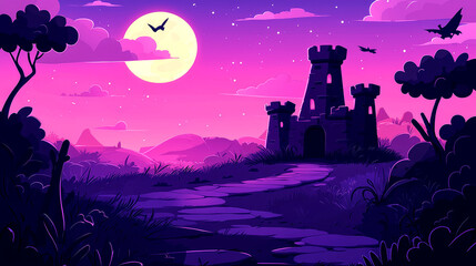Purple Fantasy Castle Night Landscape: Moonlit Path to a Mysterious Fortress