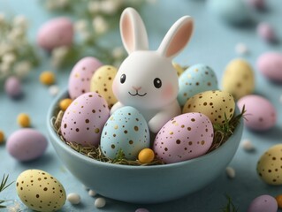 Fototapeta premium Adorable white bunny in nest surrounded by colorful speckled easter eggs