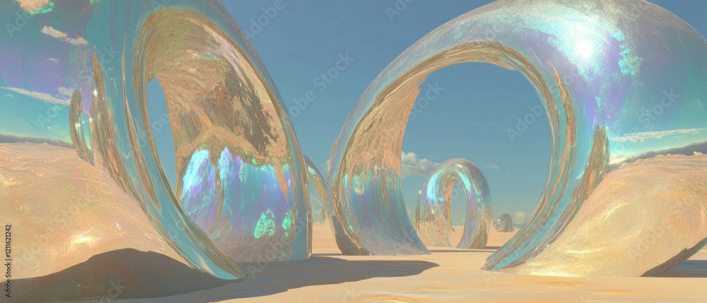 Poster Exploring abstract 3D arches with hidden meanings and visual puzzles in a surreal landscape