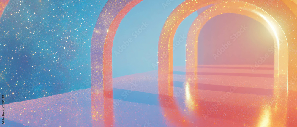 Poster exploration of cosmic textures through abstract 3d arches in a vibrant space environment