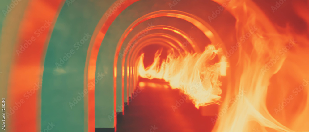 Poster brightly lit arches surrounded by intense flames creating a dynamic energetic atmosphere
