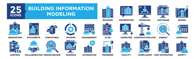 Building Information Modeling icon collection set. Containing design, information, development, construction, technology, and more. Solid vector icons collection.	