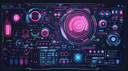 Obraz premium Futuristic Neon Interface Displays Advanced Technology Dashboard