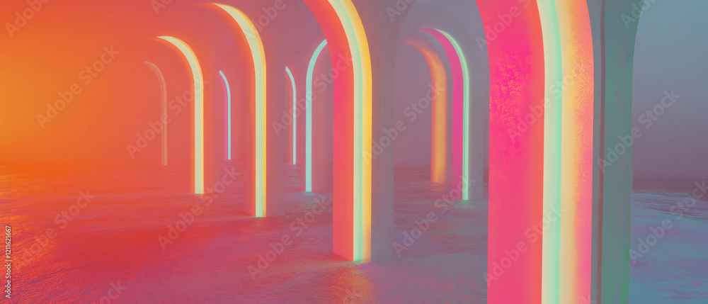 Poster Magical atmosphere created by glowing 3D arches in an abstract setting