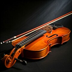 Fototapeta premium close up of a violin with a wooden bow on a black background