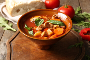 Bowl of tasty beef stew on wooden background