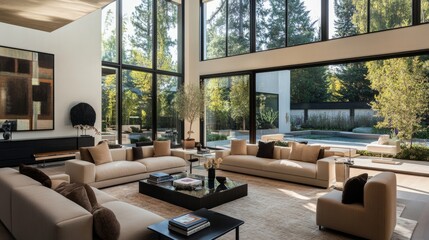 Obraz premium A modern luxury home living room showcasing sleek furniture, contemporary decor, and a harmonious blend of form and function.