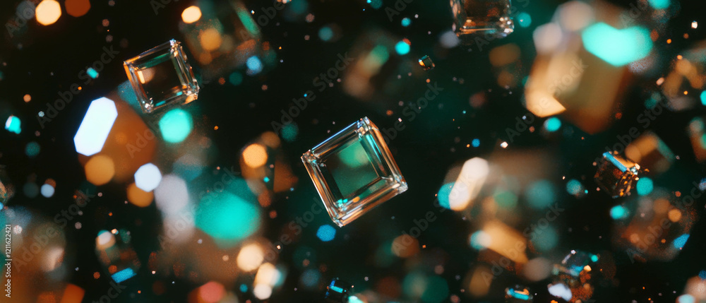 Poster glittering chrome cubes suspended in a futuristic abstract background with deep space colors