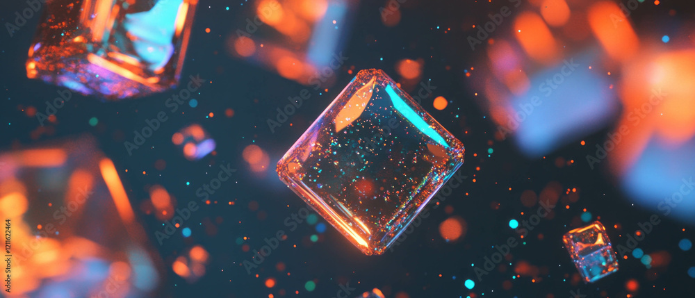 Poster Futuristic abstract background of chrome cubes and glitter particles in vibrant colors