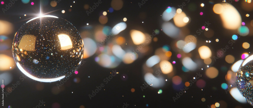 Aufkleber futuristic composition of reflective chrome spheres with glitter in a dark setting