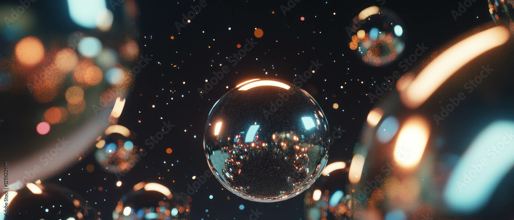 Poster futuristic abstract background featuring chrome spheres and glitter in dark space