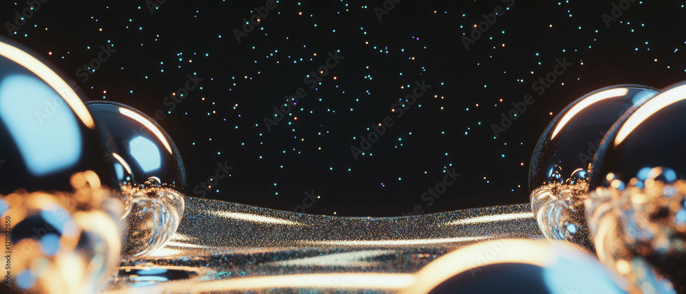 Poster Futuristic abstract background with chrome spheres and shimmering particles
