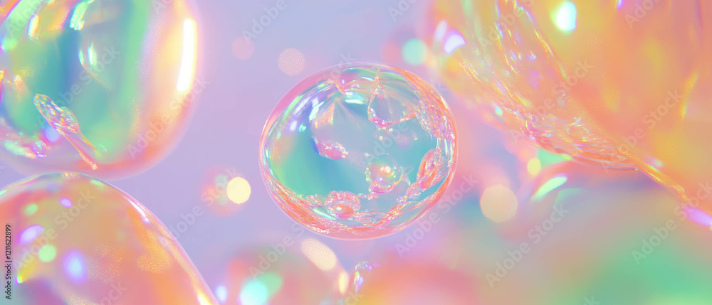 Poster crystal spheres and glittering shards create a dreamy pastel abstract background