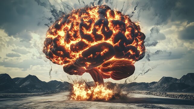 Exploding brain, apocalyptic landscape, mental health, destruction, conceptual art, website, article