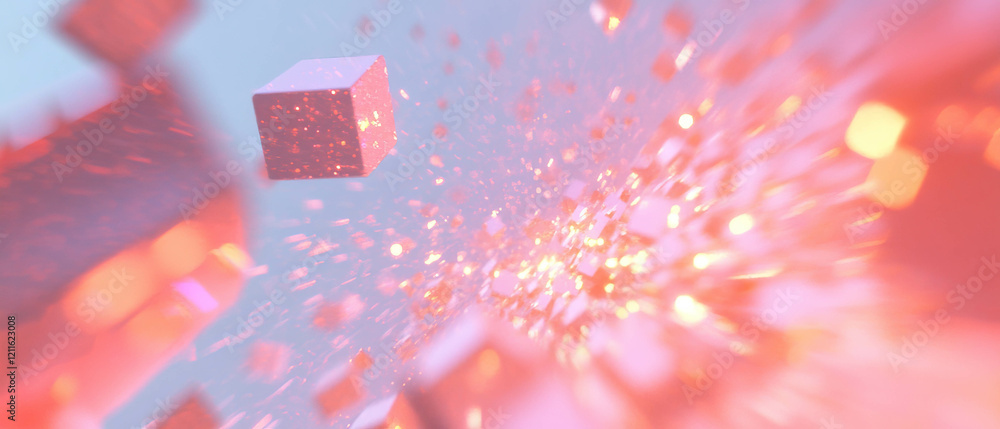 Poster Abstract interaction of 3D cubes and light creating dynamic visual effects in a captivating space