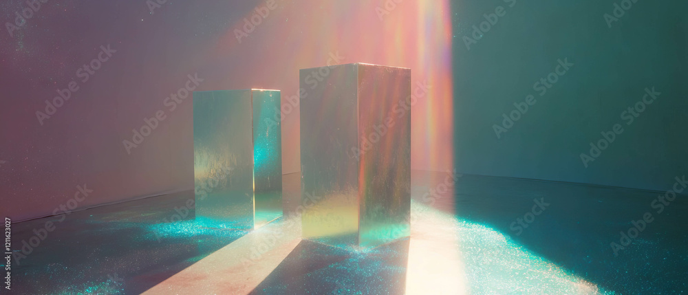 Poster Abstract composition of illuminated cubes creating dynamic visual effects in empty space