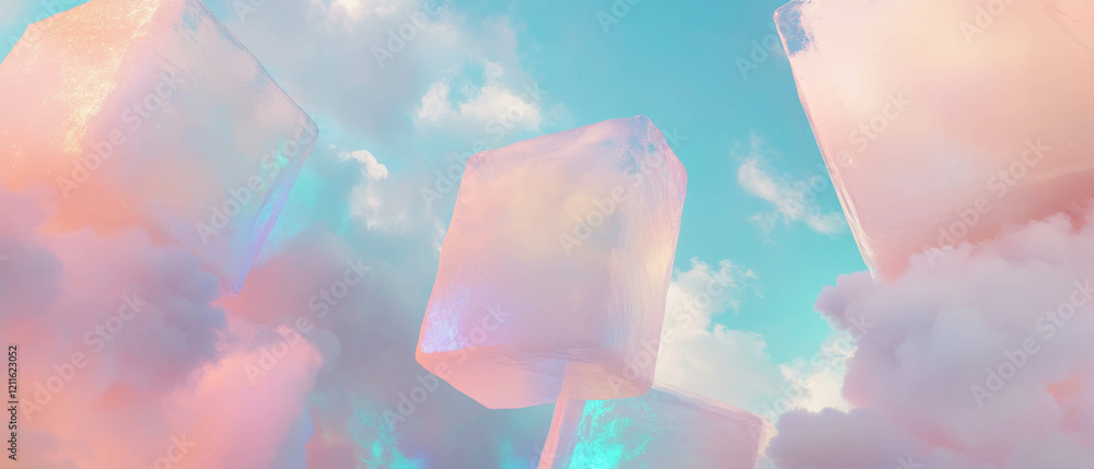 Poster exploring an abstract world of cloud cubes with glitter and ethereal beauty in a dreamy atmosphere
