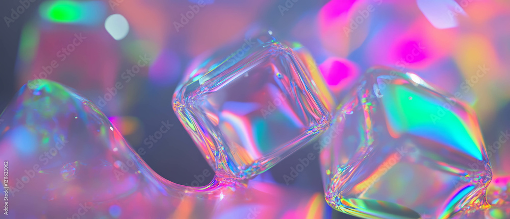 Poster Futuristic abstract background with liquid mercury cubes and flowing glitter reflections