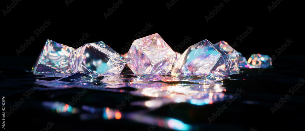 Poster futuristic abstract design with liquid mercury cubes and flowing glitter reflections