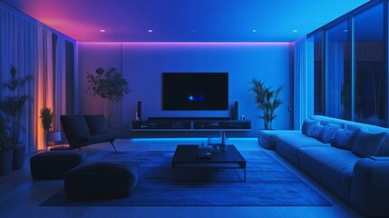 A modern smart home living room featuring cutting-edge technology, minimalist furnishings, and ambient lighting, creating a sleek and connected space.