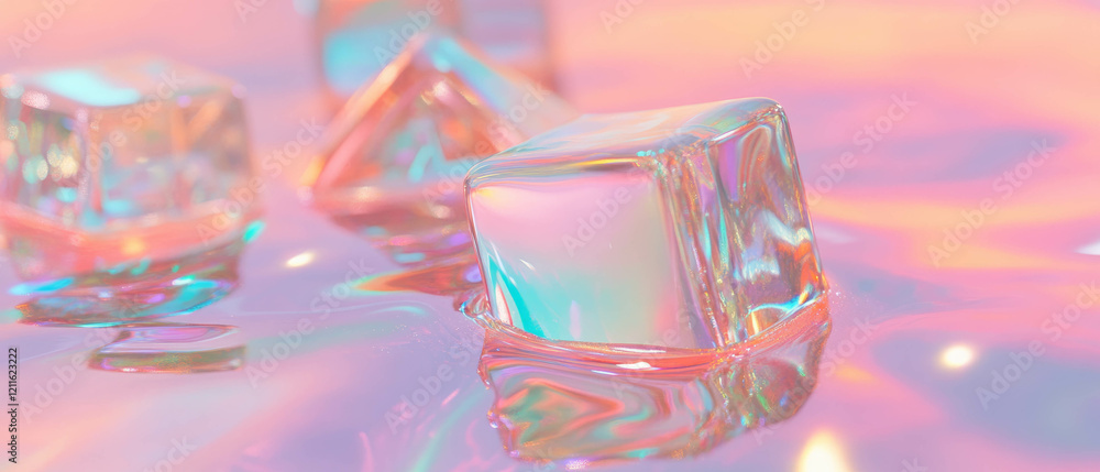 Poster cubes submerged in glittery liquid create surreal reflections and refractions in abstract art