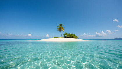 Fototapeta premium Serene Tropical Island Paradise: Lone Palm, Azure Waters, and Peaceful Skies