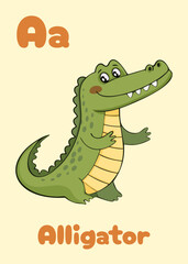 ABC card. Cartoon alligator illustration for teaching the alphabet. Perfect for children's learning materials and preschool educational content. Alphabet flash card for kids. Letter A. Vector