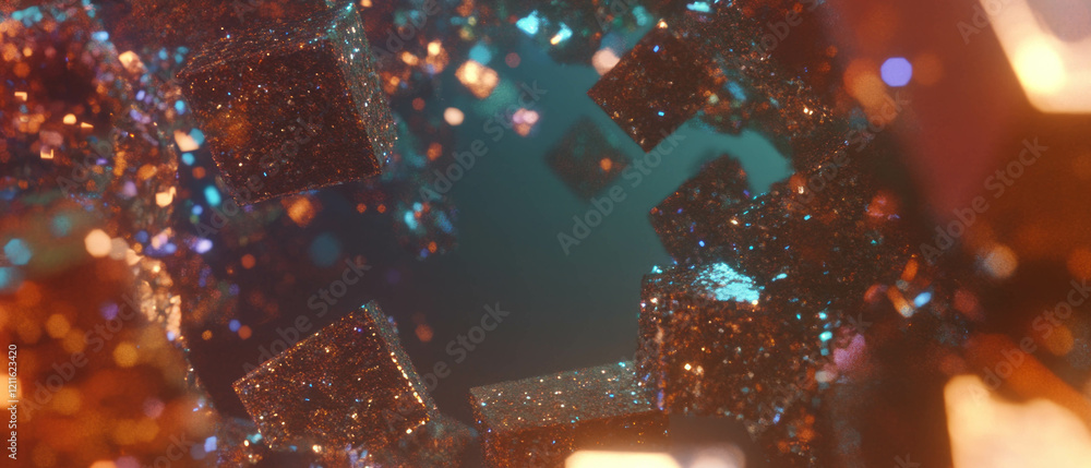 Poster Transforming 3D cubes create a mesmerizing abstract visual with a glittery texture